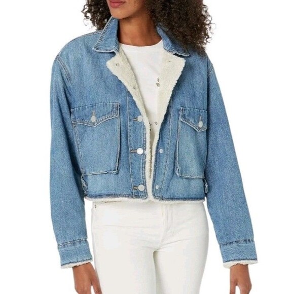 BlankNYC Sherpa Lined Cropped Denim Jacket Womens M Crash Course Boxy Casual - Picture 1 of 10